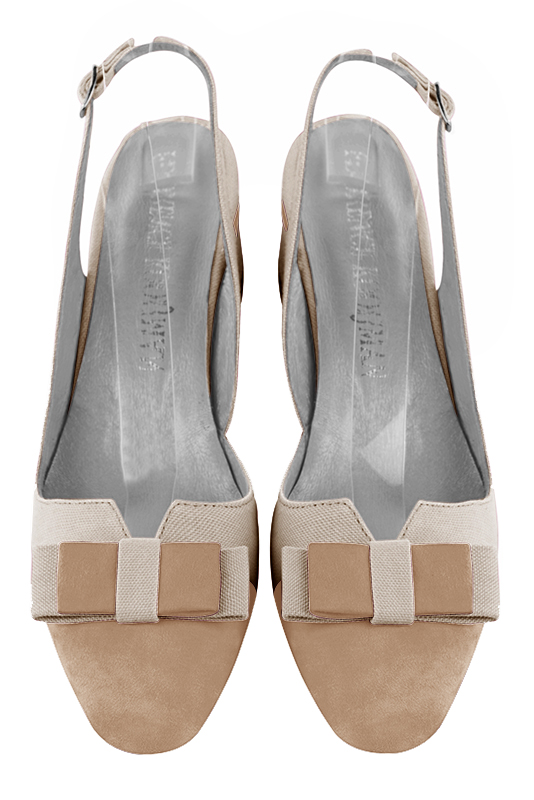 Tan beige and gold women's open back shoes, with a knot. Round toe. Low flare heels. Top view - Florence KOOIJMAN